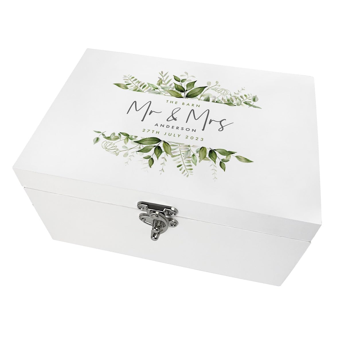 Personalised White Wooden Botanical Wedding Keepsake Box | Custom Names, Venue and Date | Couple Wedding Gift | 30cm x 23cm x 18cm