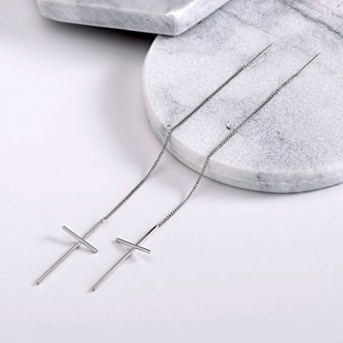 Epinki Gold Plated Earrings, Womens Long Chain Cross Silver Threader Dangle Earrings