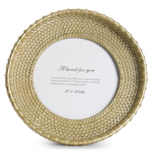 Round Picture Frame 4x4 Vintage Gold Frames, Rattan Textured Hand-Crafted Photo Frame with Glass Front, Antique Picture Frame for Tabletop Display & Wall Display, Retro Design Home Decor