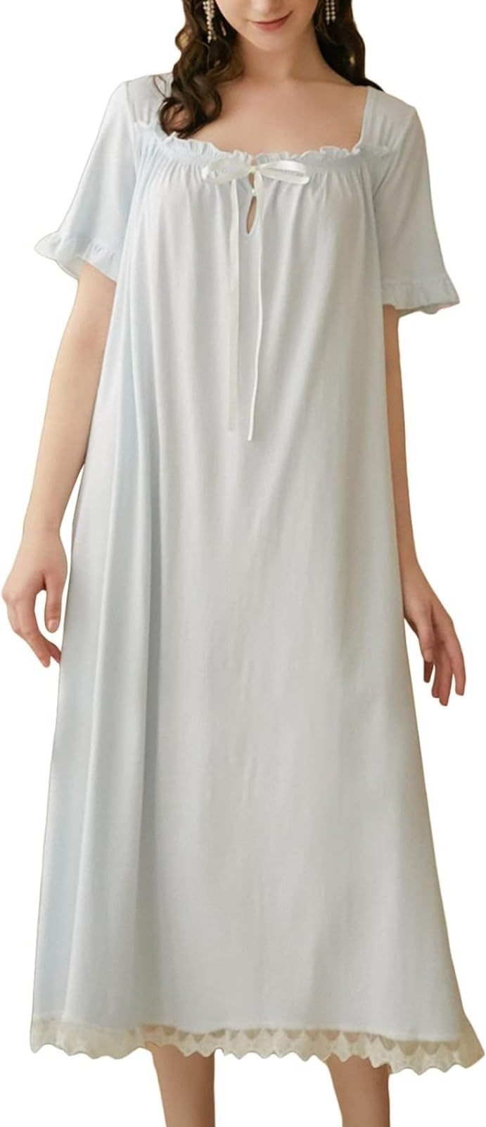 Llecdaseui Women's Blue Victorian Cotton Nightgowns Vintage Sleepshirts Lace Ruffle Princess Nightdress (Xl,)