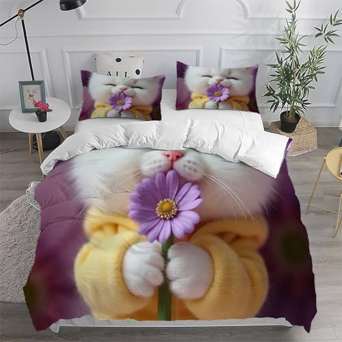 Housse de couette fleurs chat lit super king microfibre premium imprimé 3D animaux