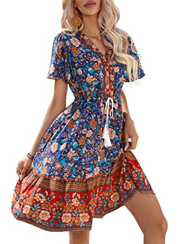 KOJOOIN Damen Sommerkleid Boho Tunika Kleid Kurzarm Minikleider V-Ausschnitt Strandkleid kurz Blumenkleid Rüschen Volant Kleid Freizeitkleid mit...