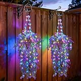 Lighted Artificial Flowers Basket for Hanging: Handmade Rattan Hanging Basket with Light up Fake Flowers for Porch Garden - 2 Pack Cone Fowers Basket with Solar Lights for Wedding Party Home Decor