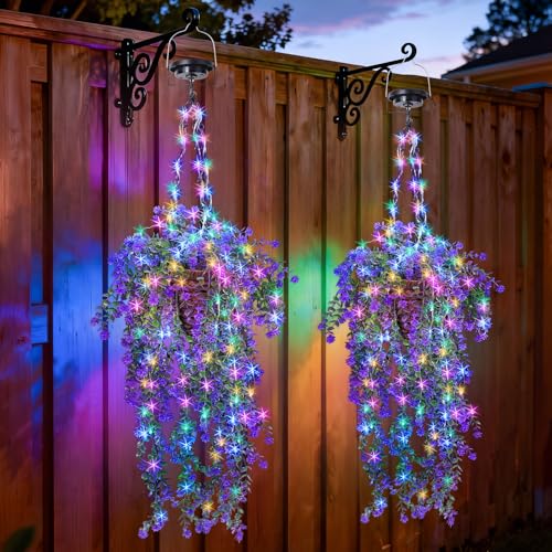 Lighted Artificial Flowers Basket for Hanging: Handmade Rattan Hanging Basket with Light up Fake Flowers for Porch Garden - 2 Pack Cone Fowers Basket with Solar Lights for Wedding Party Home Decor