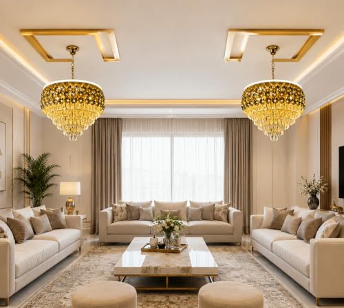 Image of TRIXY Flower Design Chandelier Lights For Ceiling Living Room | Hanging Golden Pendant Light 600MM Jhumar Lamp | K9 Crystals | 3 LED Color Changing (Warm White, Natural, Cool) | New Home & Decor Light