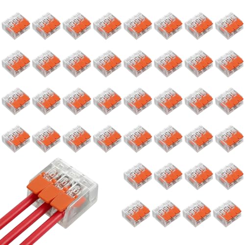 RDTOK 40 Stück Kabelverbinder 3 Polig, Lüsterklemmen Steckbar, Kabelklemmen Elektro (0,14-4 mm²), Verbindungsklemmen mit Betätigungshebel, 32A 450V, für Elektroinstallation & Hausverkabelung