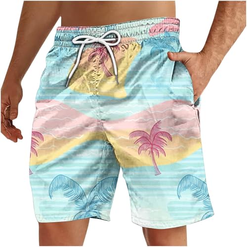 Novelty Colorslock Tropical Shorts for Men Summer Drawstring Boardshorts Beach Workout Shorts Swimtrunks with Pockets