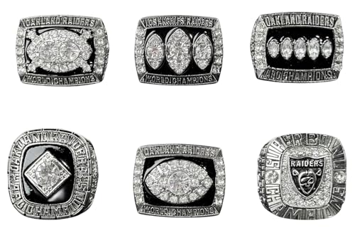 SILVER STYLE GIFT SET LAS VEGAS RUGBY 6-TIMES WORLD CHAMPIONSHIP RING, 6 RINGS SET WITH 6-HOLE WOODEN DISPLAY BOX PACKAGING, HOLIDAY GIFT FOR BASEBALL FANS