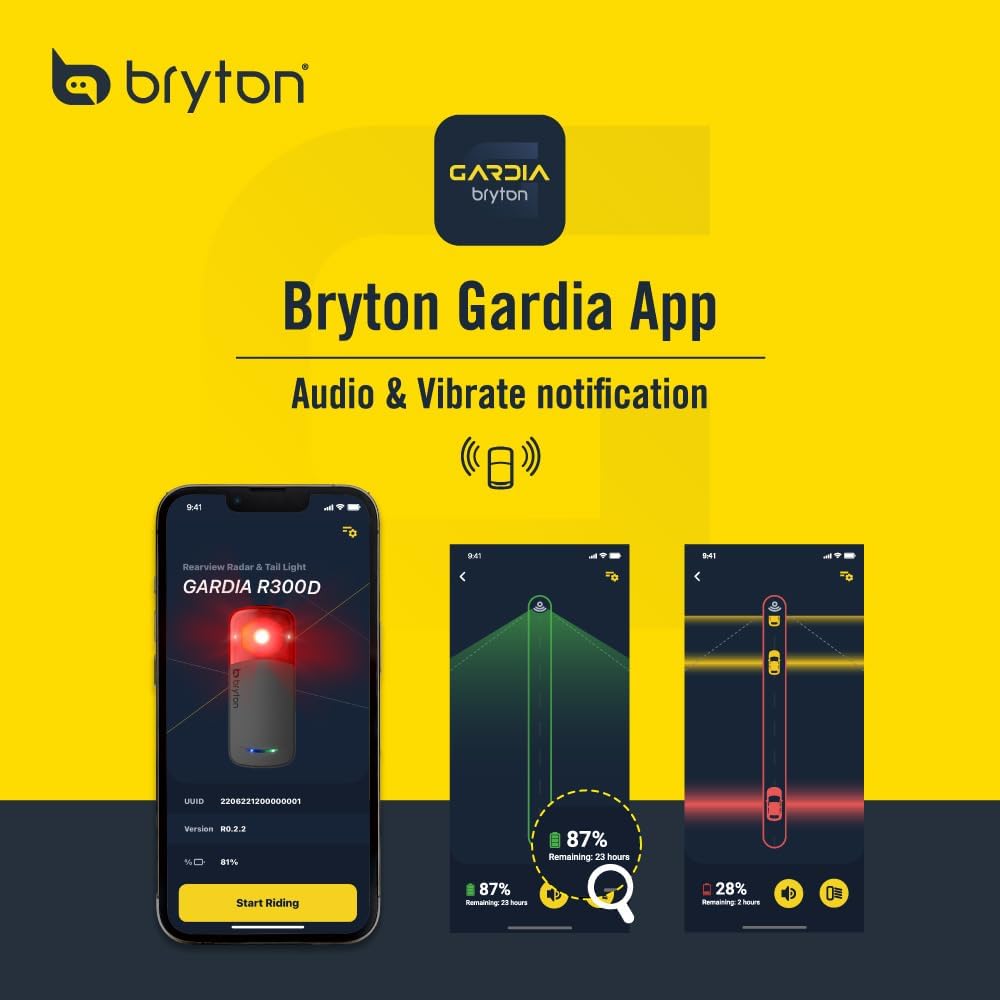 Bryton GARDIA R300D Roue de vélo certifiée StVZO avec feu arrière, modèle Allemand, détection 190 m, Angle de Vue 220°, alertes visuelles et acoustiques, Prise en Charge USB-C, app