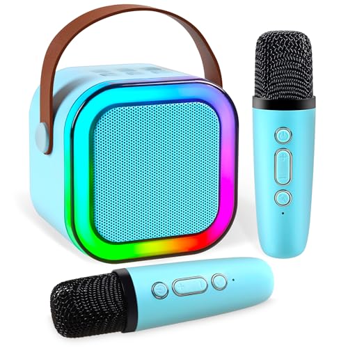 Mini Karaoke Machine,Portable Bluetooth Speaker with 2 Wireless Microphone for Kids Adults with Led Lights,Christmas Birthday Gifts for Girls Ages 4-12 Years Old Support USB/TF/AUX for Home Party,Blue