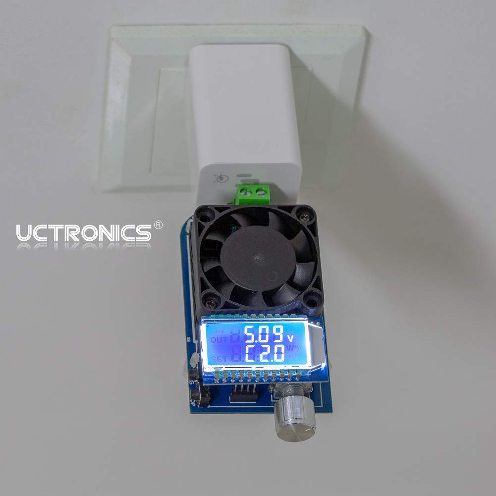 UCTRONICS USB Load Tester connected to a wall charger for testing