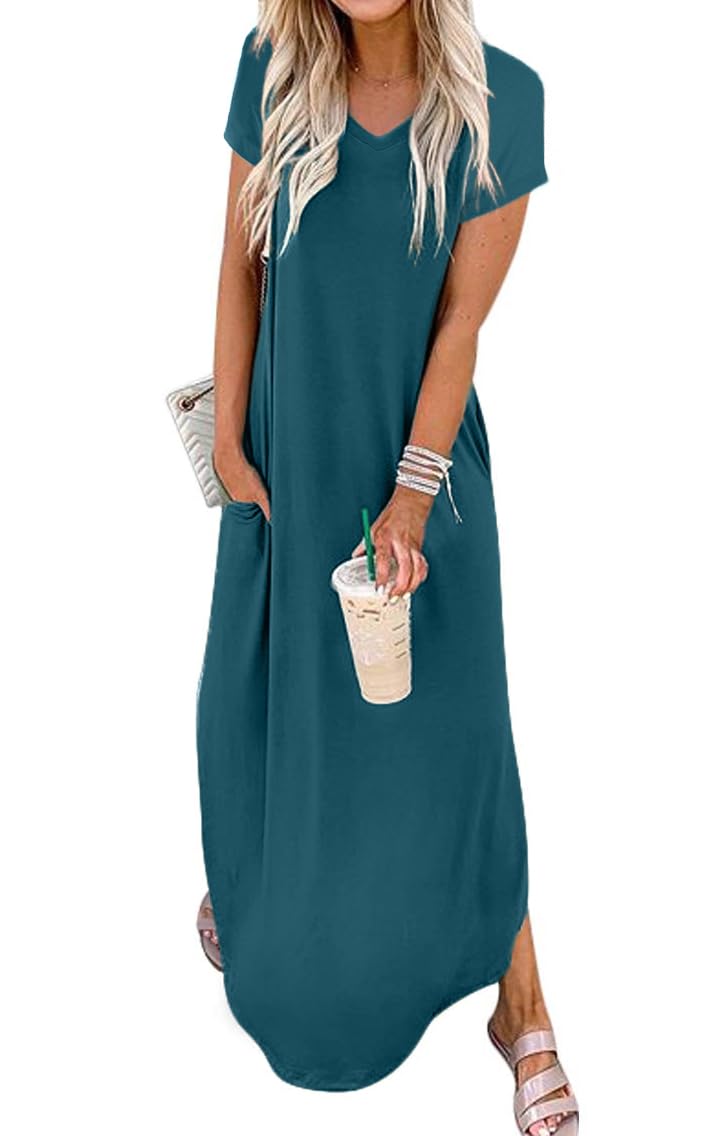 Jeqeocafy Women Summer Long Sundress Crewneck Short Sleeve Maxi Dress 2026 Casual Loose Beach Dress with Pockets