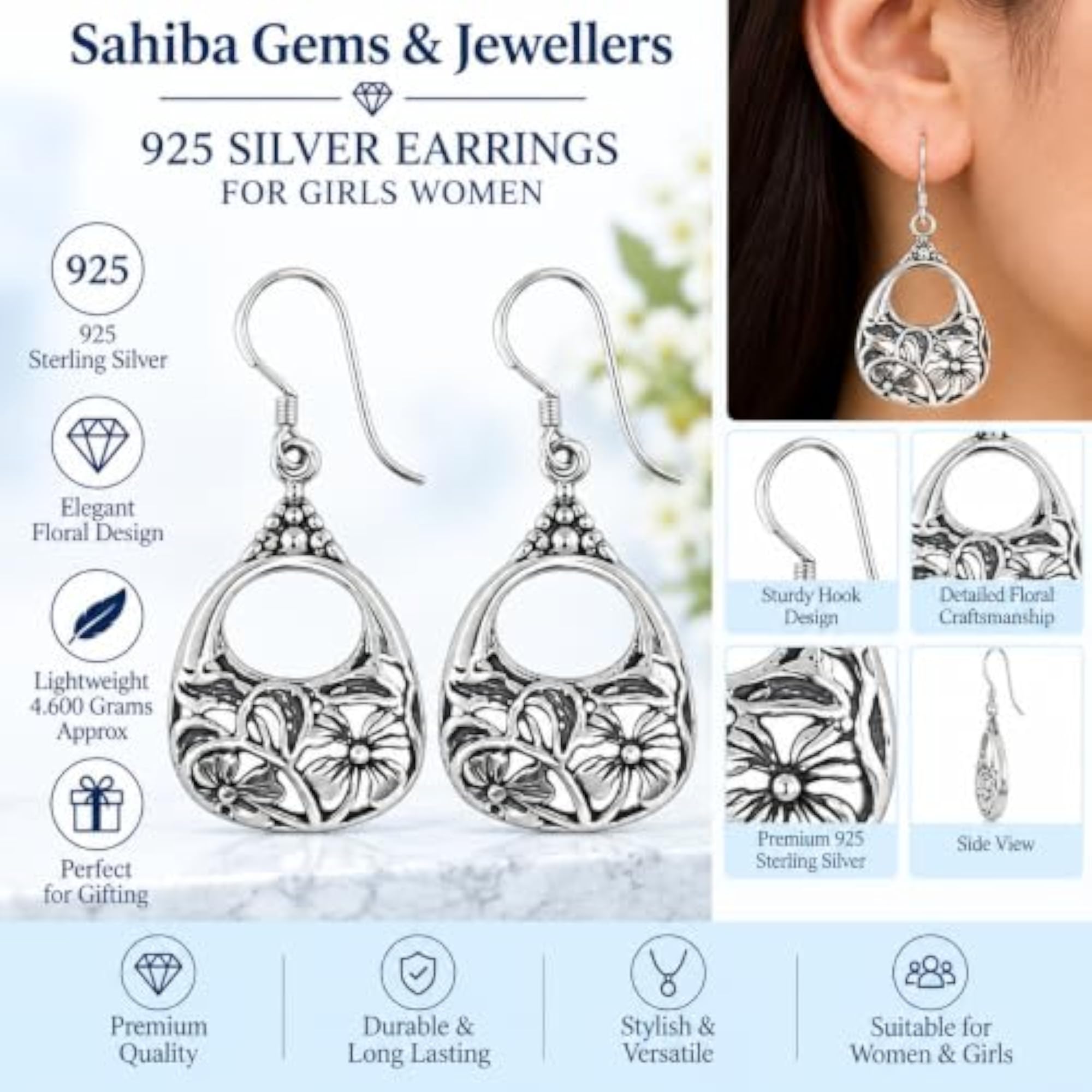 Women's 925 Sterling Silver Sweet Floral Drop Earrings