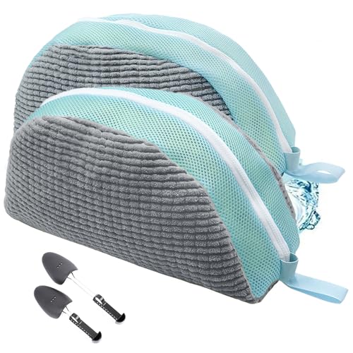 2 Pcs Shoe Bag for Washing Machine, 2025 Upgrade Reusable Shoe Washing Machine Bag with Adjustable Shoe Trees, Fluffy Fiber Lining Protects all Shoe Shapes and Sizes