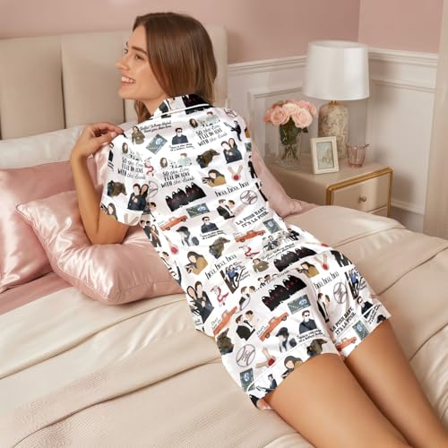 Image of Women 2PCs Satin Pajama Set Short Sleeve Silk Feel Gift Sleepwear | Soft stretch satin; relaxed comfort fit sizes S-3XL for sleep & lounge; short sleeve top, elastic waist shorts; easy care