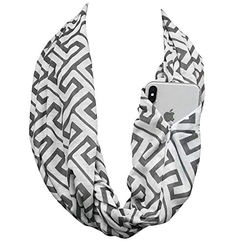 Infinity Scarf for Women - Travel Scarf with Hidden Pocket - Greek Key Pattern Scarves