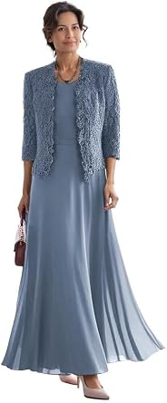 2 Piece Mother of The Bride Dresses with Jacket Lace Chiffon 3/4 Sleeve Formal Evening Gown WQ11