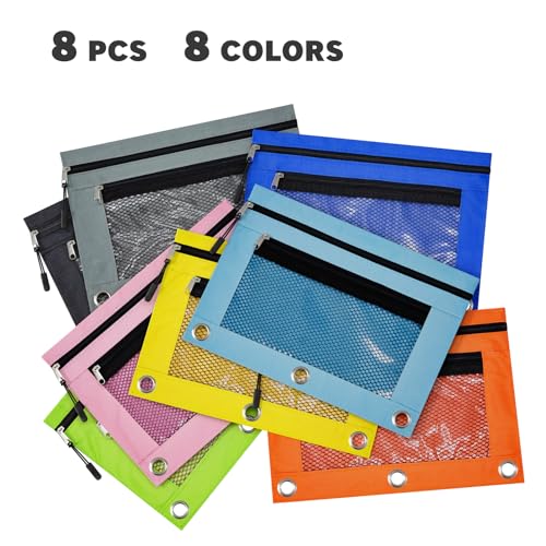 DoDoMagxanadu 3 Ring Pencil Pouch, Binder Pencil Pouch with Zipper and Mesh Window,8pack 8colors - Thumbnail 2