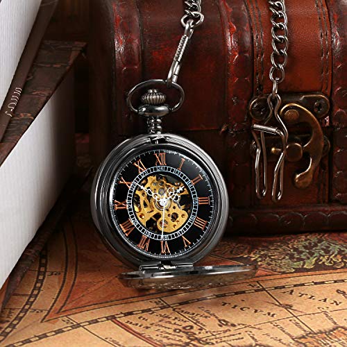 Image of JewelryWe Antique Mechanical Pocket Watch Retro Classic Mechanical Hand-Wind Pocket Watch Steampunk Fob Watch Pendant Watch with Chain, for Father's Day