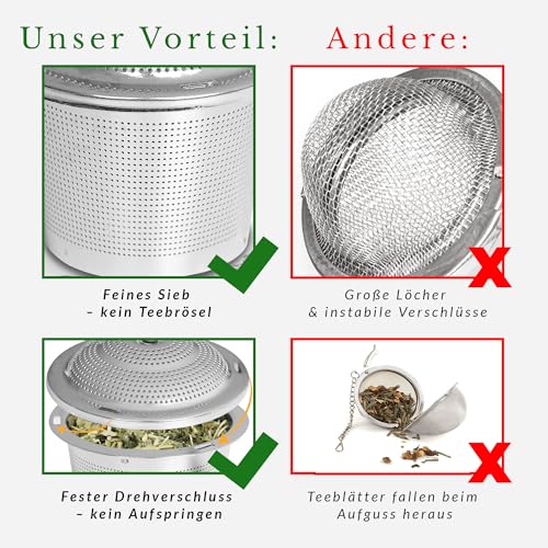 Teesieb 2er Set aus Edelstahl – Feines Sieb für losen Tee & Kräuter – Inklusive Abtropfschale & 11 cm Kette – Wiederverwendbar, spülmaschinenfest, BPA-frei – Perfekt für Tassen, Kannen & Thermobecher