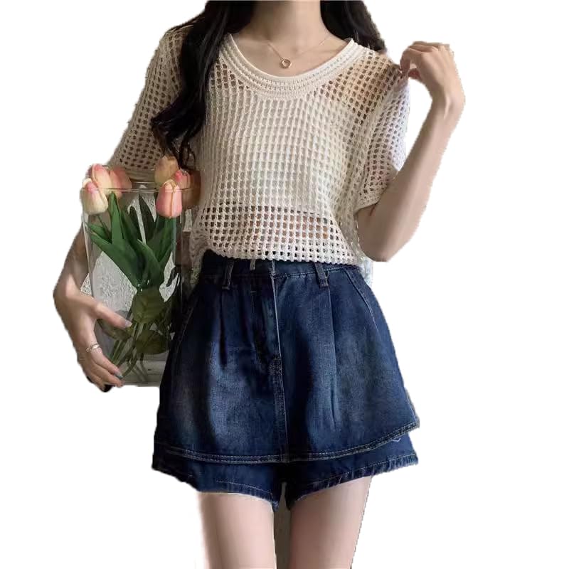 Image of Mettclasi Women's Short Sleeve Crochet Hollow Out Top, Casual Sexy Knit Pullover Top Beach Coverup - One Size Small /Medium White