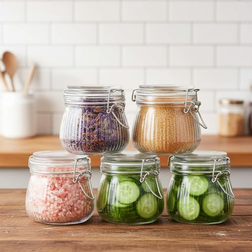 Image of ginoya brothers Lining Textured Airtight Glass Storage Jar with Clip Lock Lid - Kitchen & Pantry Organizer, Multiple Sizes For Dry Food, pickles, beans, cookies (5, 500 ML)