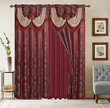 YHSF Five Star Collection Jacquard Curtain Set - Two Elegant Panels with Attached Valance and Backing, 54" x 84", Easy-to-Install Set of 2, Burgundy