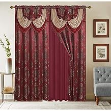 YHSF Five Star Collection Jacquard Curtain Set - Two Elegant Panels with Attached Valance and Backing, 54" x 84", Easy-to-Install Set of 2, Burgundy