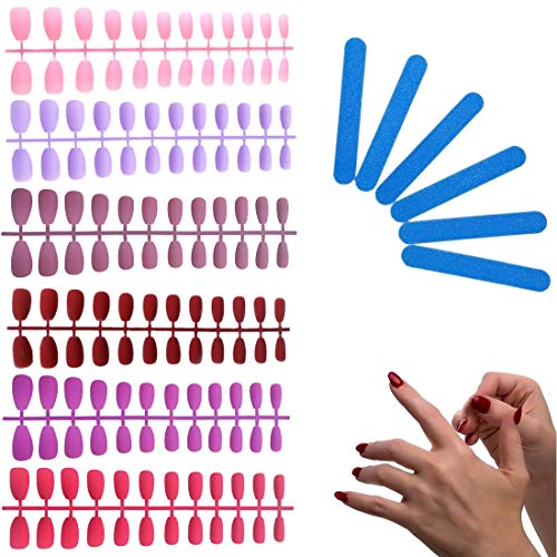 Umillars 144pc Matte Pure Color Coffin False Nails Artificial Fake nails Full Cover Fingernails 6 Colors Nail Tips Kit with 6 Mini Nail File for Nail Art Salon DIY Decoration