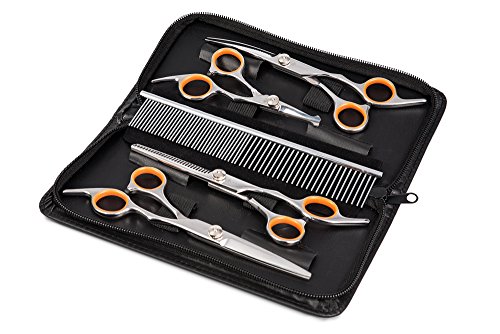 AEXYA Premium Dog Grooming Scissors Kit - Pet Groom Hair Tool Set Stainless Steel - Straight, Thinning and Curved Sharp Shears for Small or Large Dogs, Cats or Other Pets (4 scissors kit, Black)