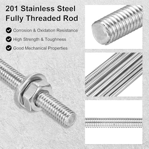 M METERXITY 6erPcs Vollgewindestange M4x200mm 201 Edelstahl Rechtsgewinde Stiftschrauben Mit Sechskantmuttern Und Unterlegscheiben Für Möbelankerbolzen/Klemmen/U-Bolzen/Perlengartenpfähle