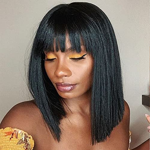 Monikahair Short Straight Yaki Black Bob Wig with Bangs for Black Women Bob Yaki Straight Black Colorful Short Bob Wigs for Women Natural Looking Resistant Synthetic Wigs