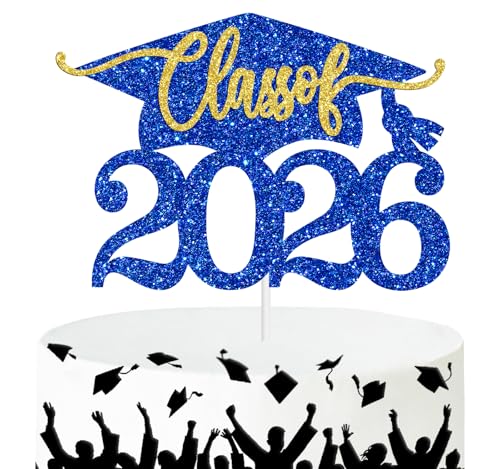 Class of 2026 Cake Topper, Congrats Grad/You Did It, High School/College/Bachelor/Master Graduation Party Decorations Supplies, Blue and Gold Glitter