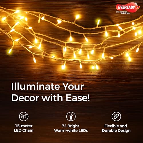 Image of Eveready UTSAV, 15 Meter LED Pixel Chain Lights, 72 LEDs, BIS Approved, Decoration Lighting for Diwali, Christmas, Weddings, Homes & More, Warm White, Pack of 1