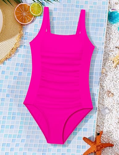 Image of BAVEDER Girls Swimsuit One Piece Swimsuits Solid Ruched Bathing Suit for Girls Full Coverage Modest Padded Swimwear 9-18y