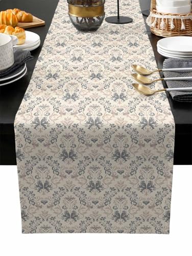 Beige Grey Baroque Table Runner 72 Inches Long, Abstract Art