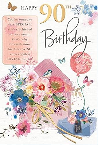 Moments in Time Female 90th Birthday Card from Words n Wishes - Milestone Birthday Wish, Bouquet of Flowers - Gold Foil Finish