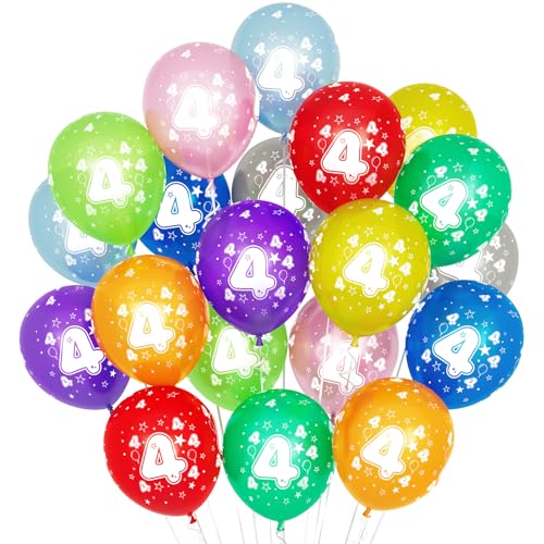 4th Birthday 20Pcs 12'' Multicoloured Balloons for Girls Boys Kids Party Decorations - Number 4 Latex Colorful Age Celebration
