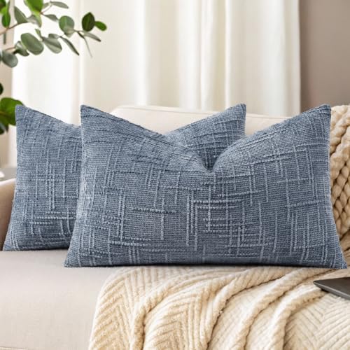 decorUhome Textured Chenille Throw Pillow Covers 12x20 Set of 2 Grey Blue
