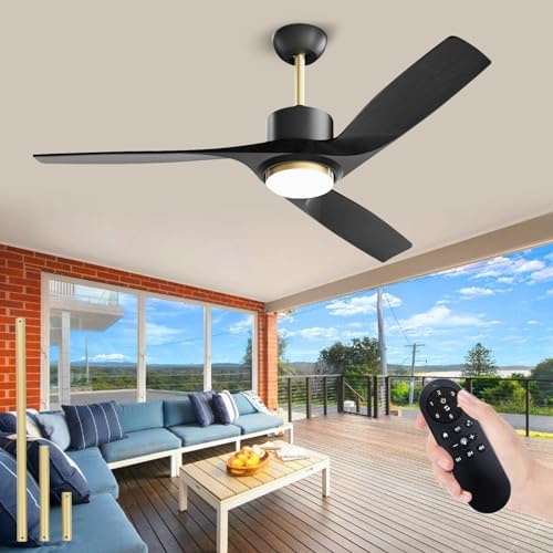 52 Inch Black Gold Ceiling Fan with Lights Remote, Outdoor Ceiling Fan with Lights for Patio, 3 Blade Wood Ceiling Fan with Large Airflow Quiet DC Motor, Wet Rated Ceiling Fan for Garage Gazebo Porch