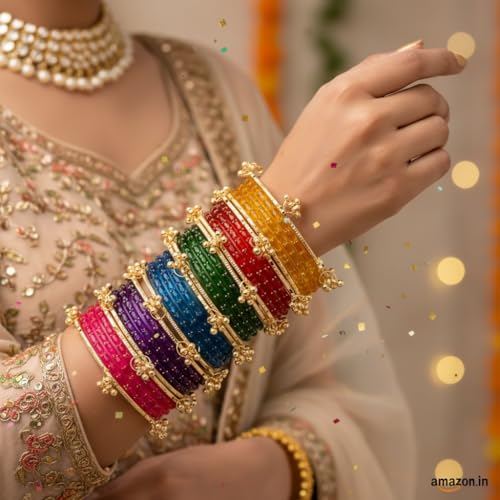 Image of Kashmiri Ghangharoo Glass Bangle Set for Women| Light Weight Bangles | Traditional Transparent Fancy Glass Chudi Set for Wedding, Party|Set Of 16(12 Glass + 4 ghungroo bangles)