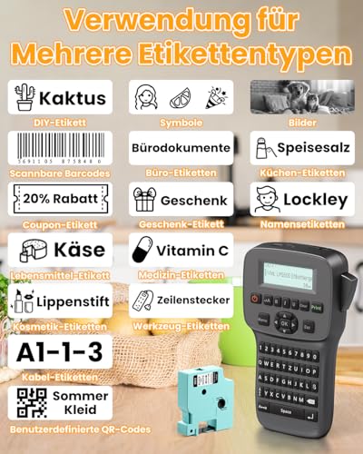 Vixic Tragbares Beschriftungsgerät mit wiederaufladbarem Akku und Bluetooth, LM1600 Etikettiergerät mit QWERTY Tastatur, einfache Textbearbeitung für D1 Etiketten in 12mm Breite