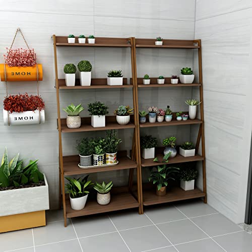 Fazda Era 5 Shelf Bookcase Steel Frame Etagere Bookshelf Ladder Shelves For Living Room Bedroom Office, Brown #TOP4