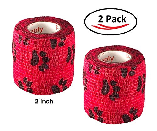 Image of Vet Wrap Wrap Tape (Red with Paws) (2 Pack) (4 Inch x 15 feet) Self Adhesive Adherent Adhering Cohesive Flex Self Stick Bandage Grip Roll Dog Cat Pet Horse