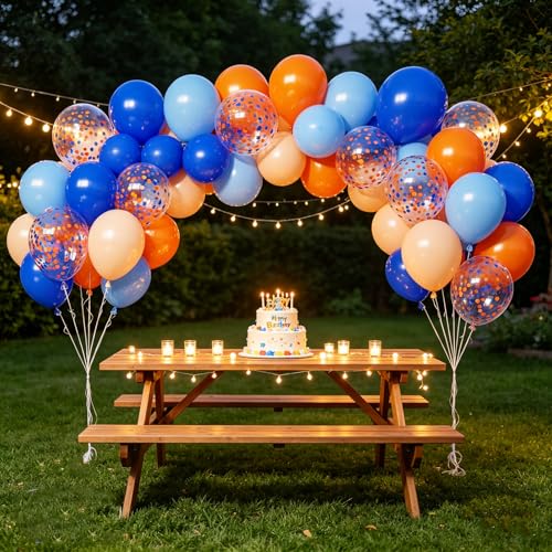 Image of Blue and Orange Balloons, 65pcs 12 Inch Royal Light Blue and Orange Beige Balloons for Birthday Graduation Baby Shower Party