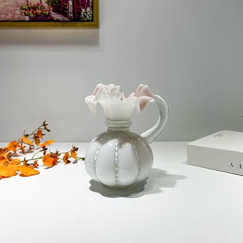 Fenton Style Glass Vase Retro Mid-Century Pumpkin Vase Elegant Home Decor for Living Space Bedroom, Restaurant Vacation Rental (White Foundation Small)