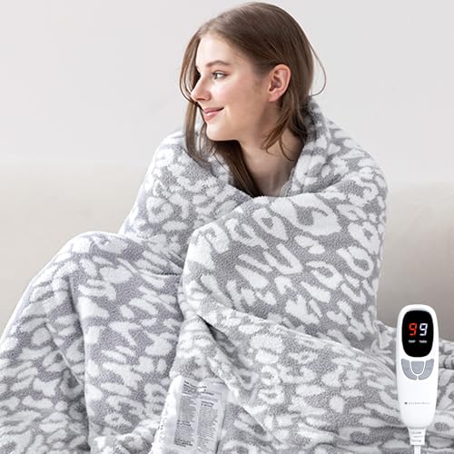 MH MYLUNE HOME Leopard Print Heated Throw Blanket ETL & FCC Certified Electric Blanket Washable Heated Blanket Throw 9 Heating Levels & 10 Hours Auto-Off Soft Heating Blanket - White Gray 50x60