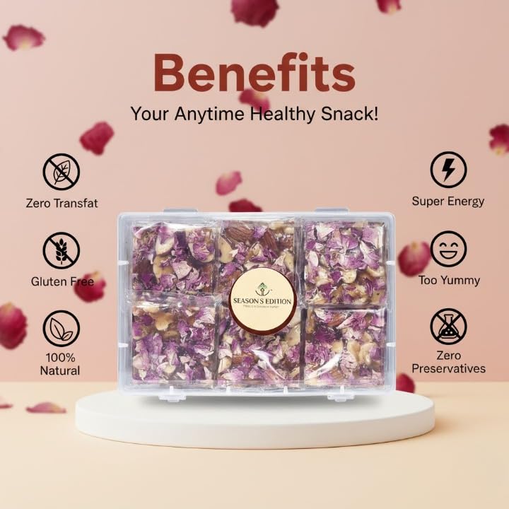 Image of Season's Edition Rose Petals Gulab Chikki-150 gm | No Added Preservatives or Colours | Nutritious Delicious High Protien Healthy Dry Fruit Crunchy Gajak Chikki Sweets with Rose Petals, Almonds, Cashews & Pistachios