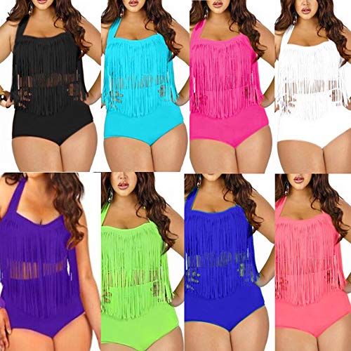 Women Plus Size Swimsuit Sets High Waist Fringe Swimwear Beachwear Solid Color Split Two Piece Swimsuit2
