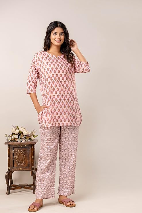 Image of Pure Cotton Printed Night Suit Set | Top Pyjama Set for Women | Night Dress of Kurta Pyjama Set for Women | Kurta Top Set